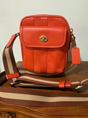 Coach Heritage Orange Smooth Leather Crossbody Turnlock Camera Bag Striped Strap